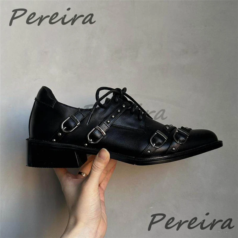 Rivet Belt Buckle Strap Formal Shoes Punk Retro Pointed Toe Thick Heel Derby Shoes Niche Design Banquet Party Women Men Shoes