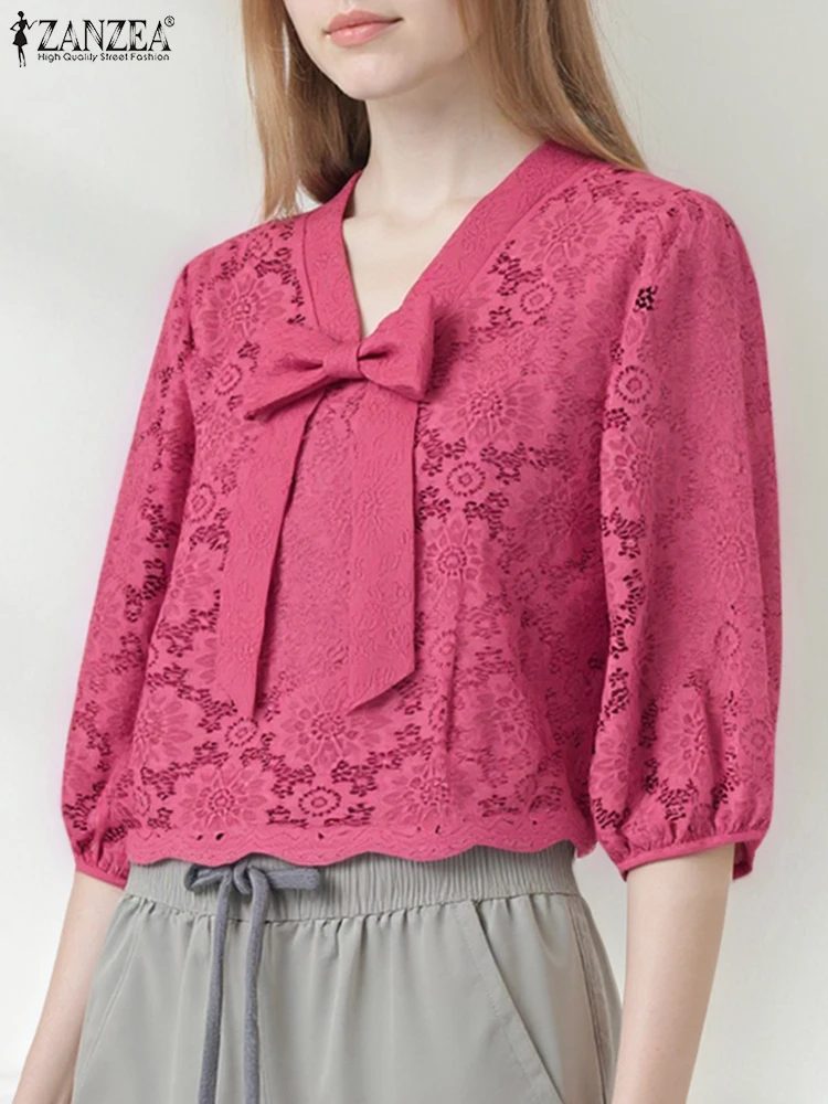 

ZANZEA 2025 Элегантная женская кружевная блузка с v-образным вырезом и воротником-бабочкой Офисные женские рубашки Осень 3/4 с пышными рукавами Повседневная мода Blusas Топы