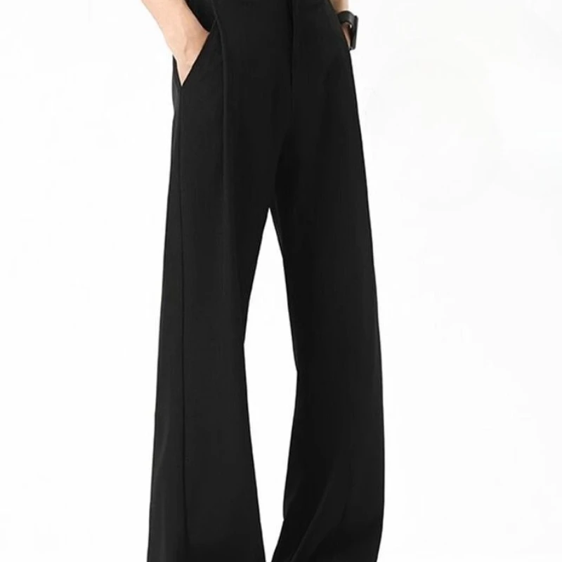 Men's Summer Thin Black Casual Curved Seam Dress Pants Premium Drape Loose Slight Flare Floor-Length Trousers
