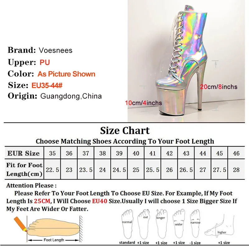 Sexy srebrny Laser 20CM/8 Cal do tańca na rurze damskie buty holograficzne odblaskowe striptizerki na platformie wysokie obcasy na imprezę