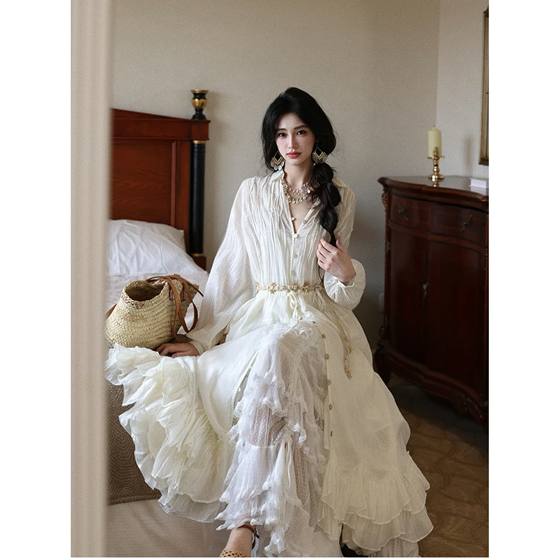 2025 nova chegada primavera outono feminino solto casual a linha vestido em camadas retalhos lanterna manga vestidos de algodão de boa qualidade t274