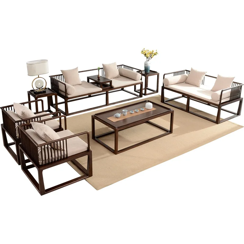 New Chinese-style solid wood sofa combination Zen villa log color modern living room furniture