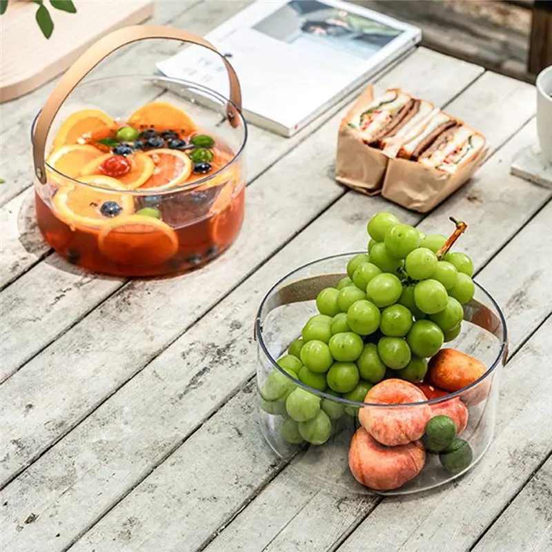 ABNQ Nordic Portable Plastic Fruit Bowl Transparent Ice Wine Snacks Fruit Storage Basket Plain Leather Handle S