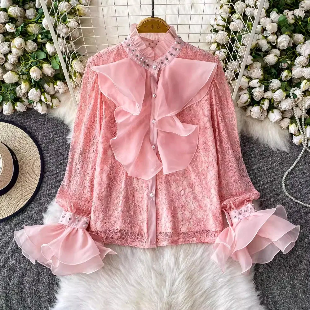 

Европейская и американская женская блузка с воротником-стойкой, расклешенными рукавами, кружевными вставками и оборками по низу, омолаживающая внешний вид