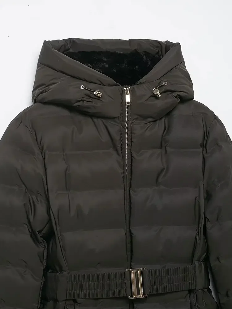 2025 여성 신상 패션 솔리드 긴 소매 지퍼 후드 파카 코트 벨트 포함 여성 캐주얼 코트