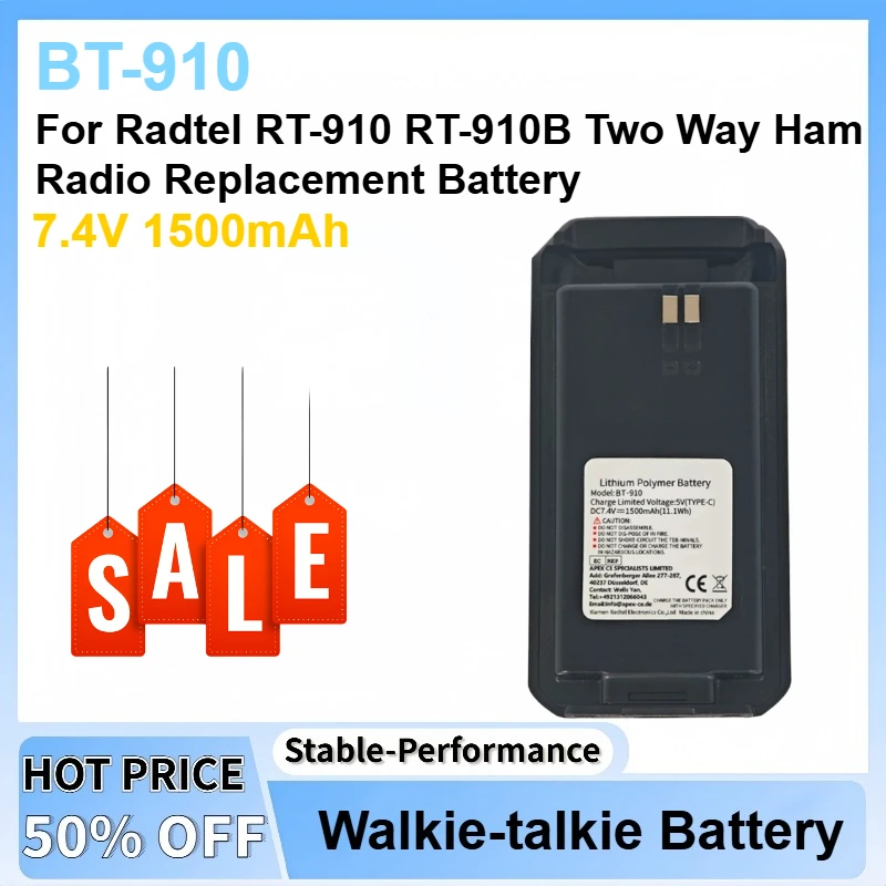 New 7.4V 1500mAh BT-910 Walkie Talkie Li-ion Battery Pack For Radtel RT-910 RT-910B Two Way Ham Radio Replacement Battery