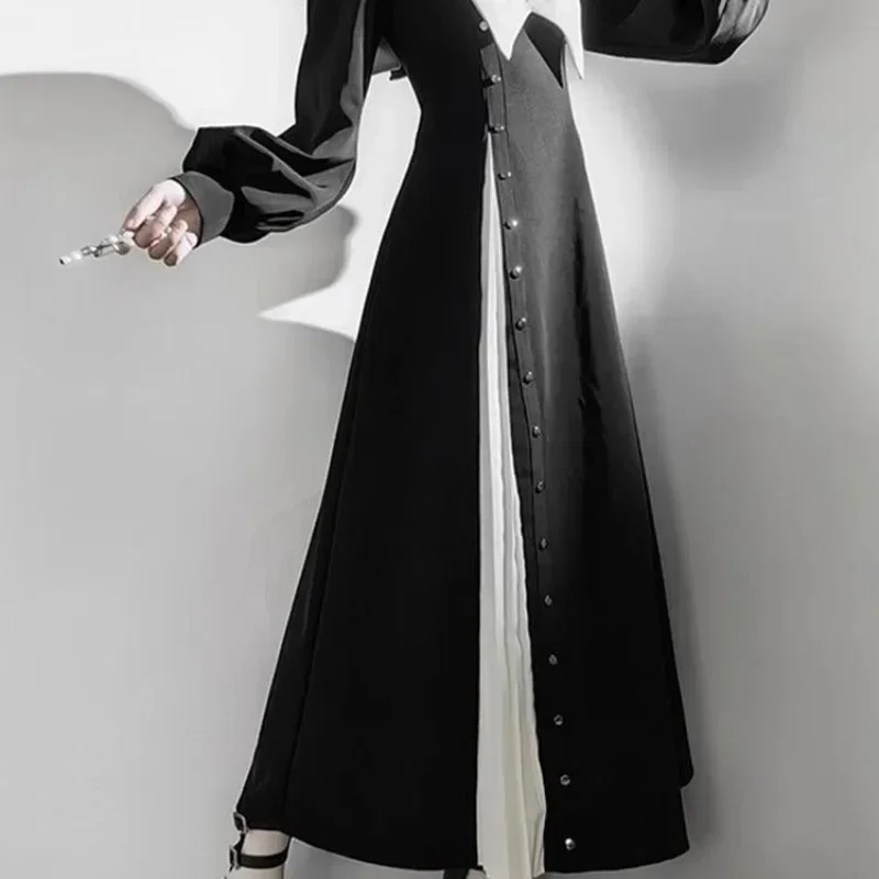 2025 初秋の新作長袖ドレス Y2k ゴシックダークアカデミア服原宿黒白ロリータドレス女性用