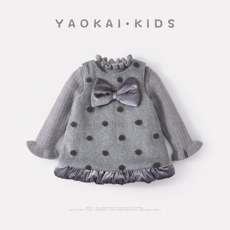 

Baby Kids Clothes Sets for Girls Princess Gray Quilted Woolen Polka Dot Strap Dress Knitted Sweater Bottoming Shirt Outfits Suit