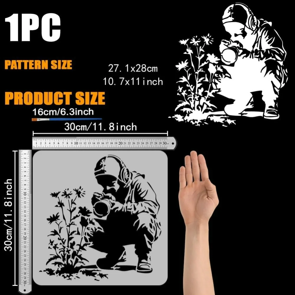 Painting Stencil with Paint Brush 11.8x11.8inch Headphones with Camera to Photograph Flowers Drawing Template