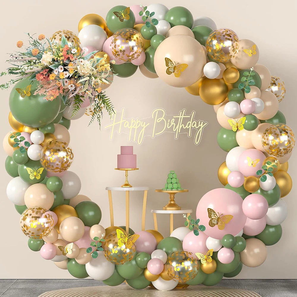 120Pcs Sage Green Pink Balloon Arch Garland Kit Olive Green Blush Balloon Set 3D Butterfly Baby Shower Birthday Party Decoration