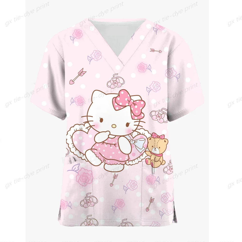 Womens Nursing Clothing Hello Kitty Print T-Shirt Nursing Scrubs Tops Casual Short Sleeve V-neck Pocket Women Scrubs Uniform