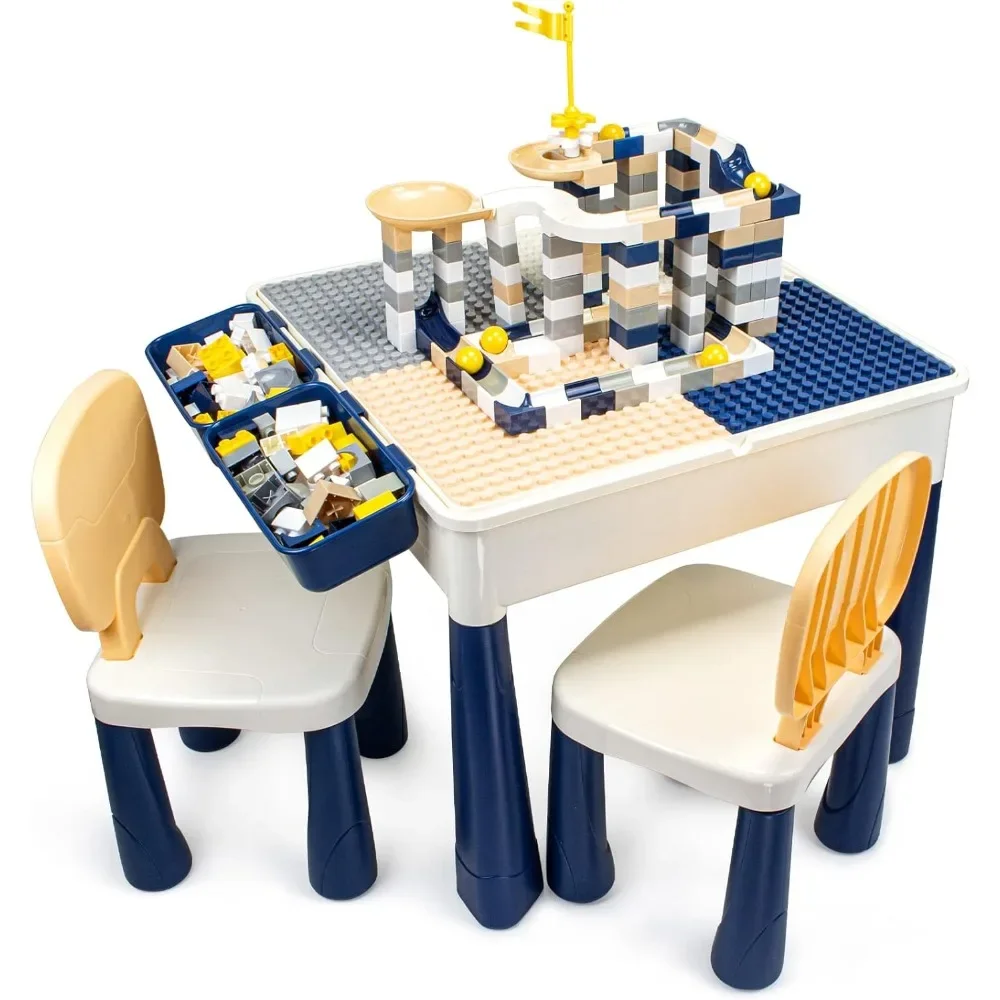 Multi Kids Activity Table Set, 7 em 1, 2 cadeiras, blocos de tamanho grande, compatível com grandes blocos clássicos, 100 peças