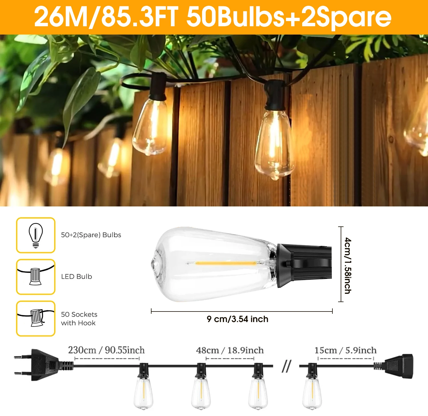 14M/26M ST38 LED-buitenlichtslingers, waterdichte, onbreekbare, aaneenschakelbare EU-stekker terraslampen voor tuin, balkon, veranda - afbeelding 1