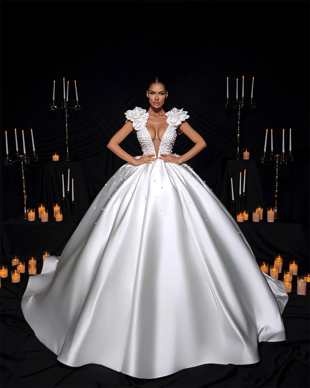 

Customized Romantic White Satin Wedding Dresses V-Neck Flowers Heavy Industry Wedding Dresses Pearls Special Occasion Gowns