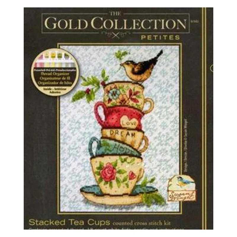 Amishop Gold Collection Chic Counted Cross Stitch Kit Stacked Tea Cups Bird Dream Love Happy Dim 70-65171