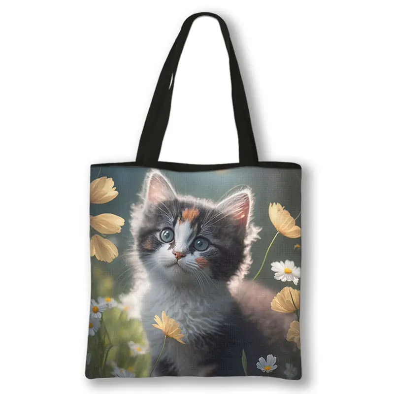 Kawaii Kätzchen drucken Umhängetasche Tier Katzen Cartoon Grafik Tragetaschen große Kapazität Damen handtasche wieder verwendbare Einkaufstaschen