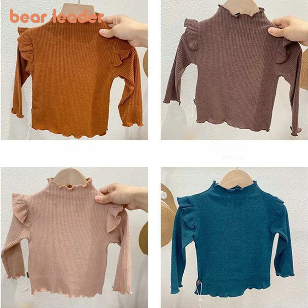 Bear Leader Autumn Girls Clothes Flying Sleeves Standing Collar Top Spring Long Sleeved Solid Color Bottom Layer Shirt