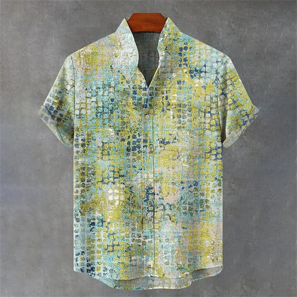 

Гавайская мужская повседневная льняная рубашка больших размеров, модный кардиган с воротником-стойкой и абстрактным принтом на пуговицах, уличный уличный стиль