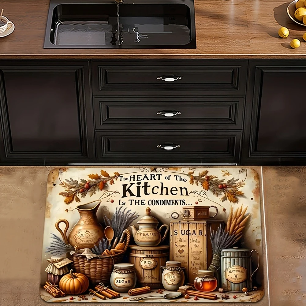 Rustic Autumn Kitchen Rug  Vintage Condiment Pot Pumpkin Wheat Decor Non Slip Farm Style Kitchen Entry Floor Mat