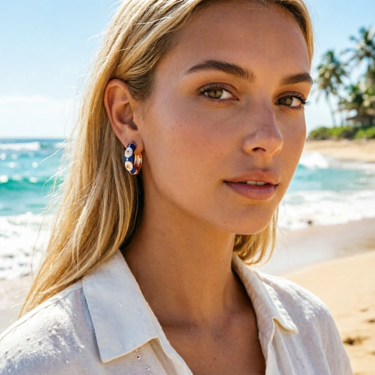 Süße bunte Emaille-Gänseblümchen-Ohrstecker für Damen und Herren, elegante geometrische Creolen mit Gittermuster, Schmuck – Detail 14