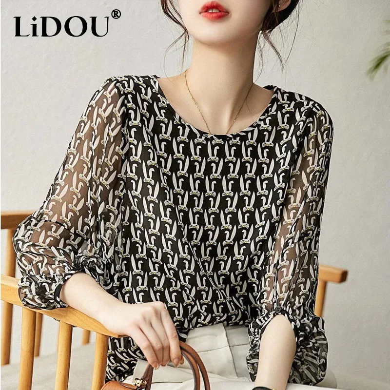 

Summer New Round Neck Three Quarter Chiffon Shirt Women Fashion Vintage Printing Pullovers Ladies Korean Style Thin Style Blouse