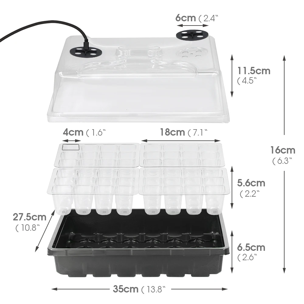 XXL XL 16cm Black Seeds Starter Tray Light 12/48 Cell Grow Light Seedling Box Kit with Grow Light Garden Indoor Warm Nursery Pot