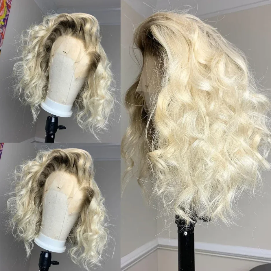 

613 Light Blonde 13x4 HD Deep Wave 100% High Temperature Wigs Dark Root12 Inch Blonde Colored Lace Closure Front Wig for Women