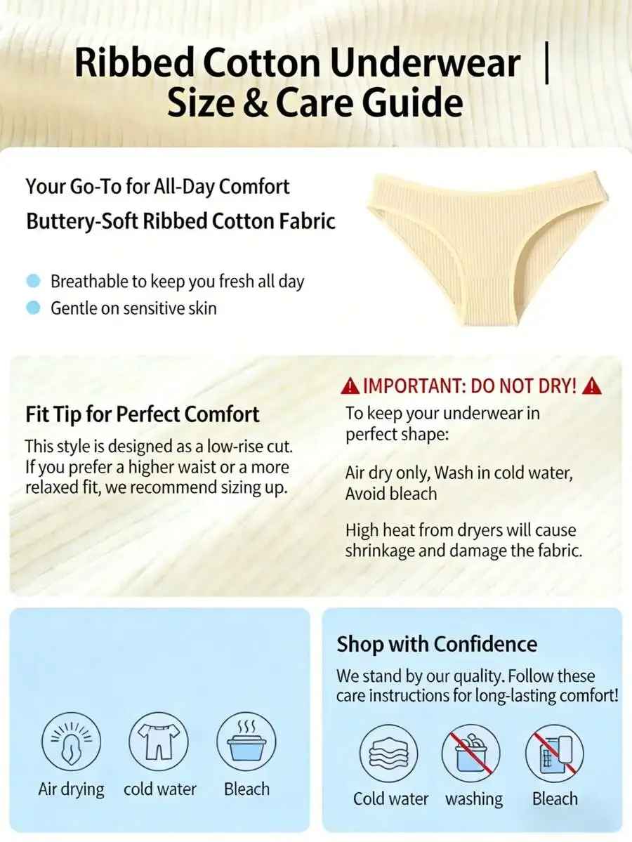 

Ribbed Cotton Underwear For Women Soft Breathable Low-Rise Panties S To XXL