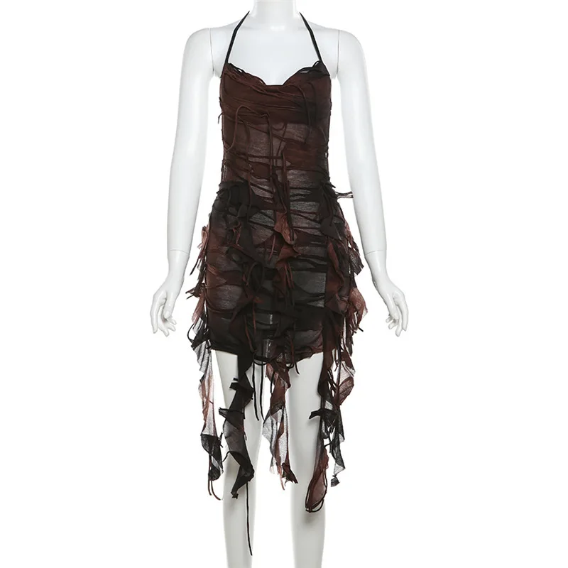 Mini Abito Elegante con Decorazione a Nappine Irregolari, Halter, Spalle Scoperte, Stile High Street per Ragazze Alla Moda