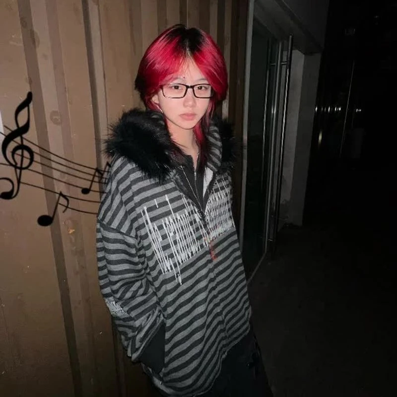 

Subculture Повседневная куртка с длинным рукавом и капюшоном в полоску с буквенным принтом, элегантный воротник из искусственного меха, женская винтажная куртка в стиле панк Y2k, американская готическая осень