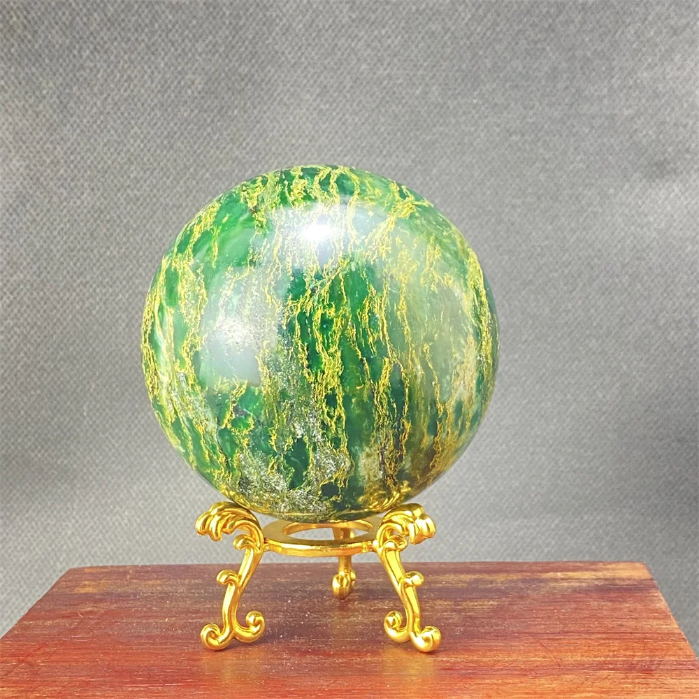 Natural Green Emerald Crystal Ball Home Decoration Birthday Gift with Metal Base Energy Healing Ornament