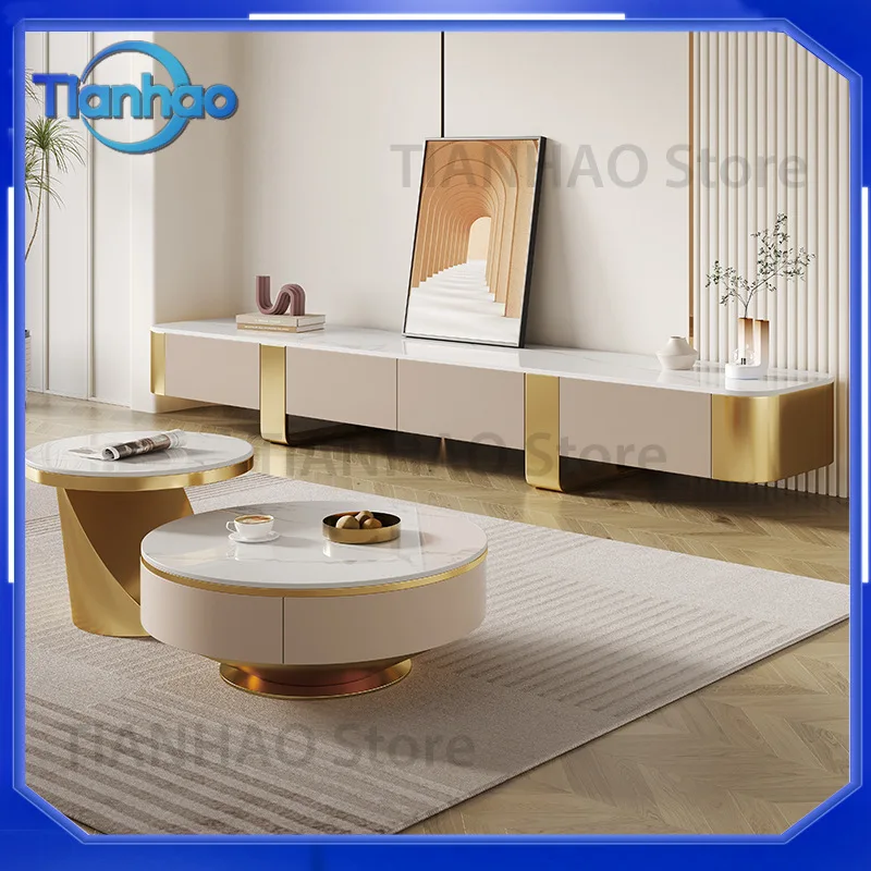 Modern Minimalist Designer Coffee Table with Drawer for Italian Luxury Style Living Room Round and Oval Stone Slab Tables