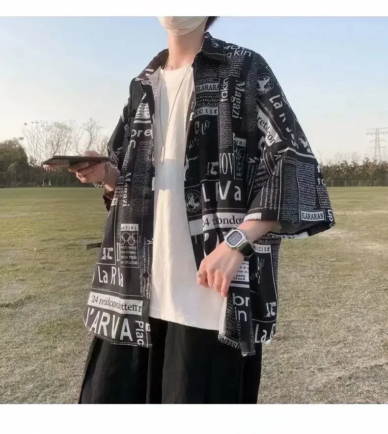 Fashion Harajuku Loose Casual Shirt Men's Newspaper Print Summer All Match Cardigan Tops Half Sleeve Shirt Coats Youth Teen
