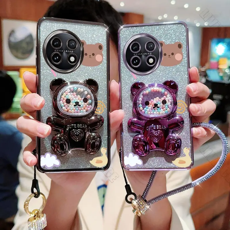 Diamond Strap Bear Patten Phone Holder Case For Oneplus Ace Pro Ace 2 3 2v 11 12 10 Pro Ace2 Ace3 Ace2v Girl Woman Stand Cover