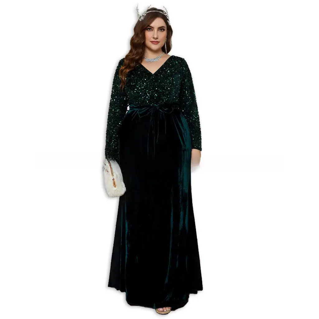 Plus Size Damen-Abendkleid aus goldenem Samt mit langen Ärmeln und Pailletten, Hochzeitskleid im europäischen und amerikanischen Stil