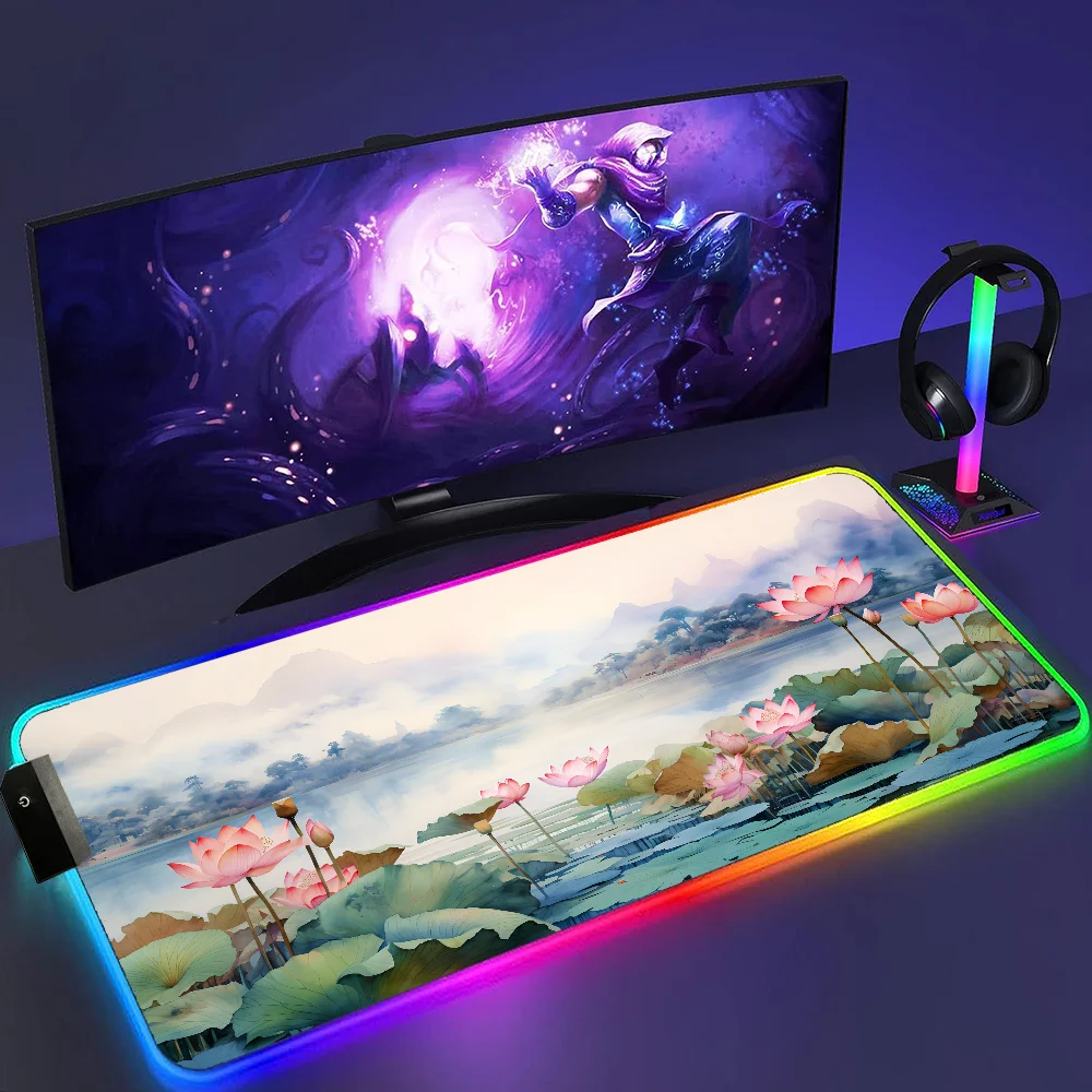 

Коврик для мыши RGB Эстетический коврик для мыши с цветком лотоса RGB Коврик для игрового стола Светодиодный светильник Большой ковер для клавиатуры Настольный коврик Красочный коврик для мыши