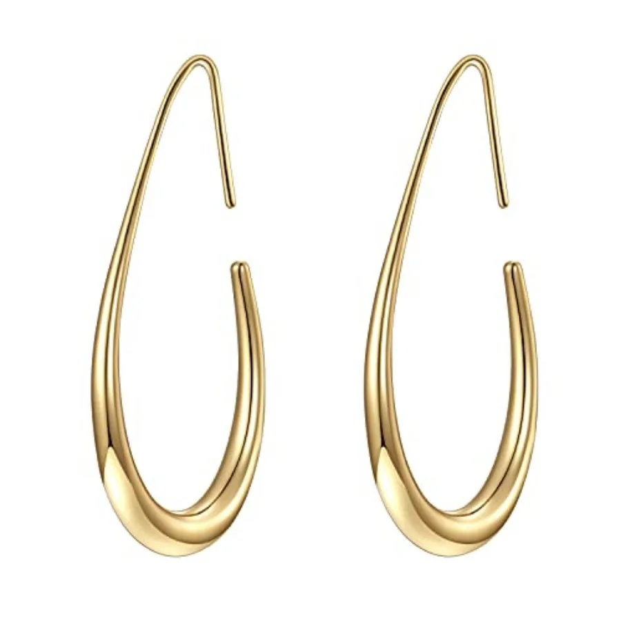 

Lightweight Teardrop Hoop Earrings for Women - 4k Gold/White Gold Plated Large Oval Pull Through Hoop Earrings High Polished St
