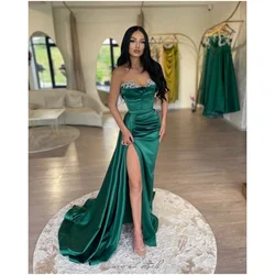 Cathy Green Side Slit Mermaid Satin Party Dresses Strapless Sleeveless vestidos de noiva Floor-Length Pearls Evening Dresses