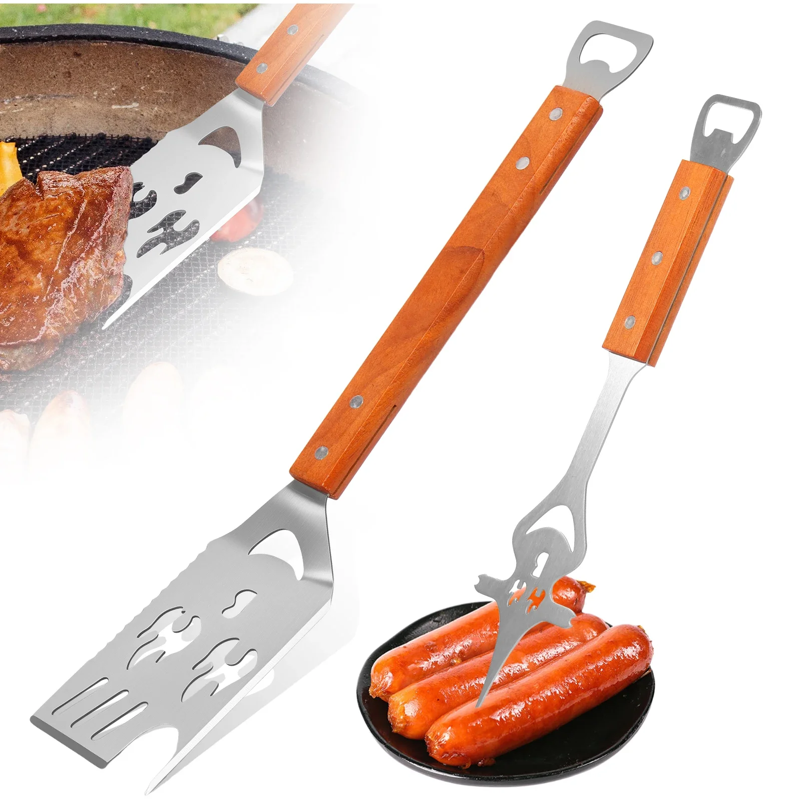 2Pcs Multi-functional Barbecue Utensils Set Rust Proof Stainless Steel Grill Spatula and Barbecue Fork Portable Camping BBQ Tool