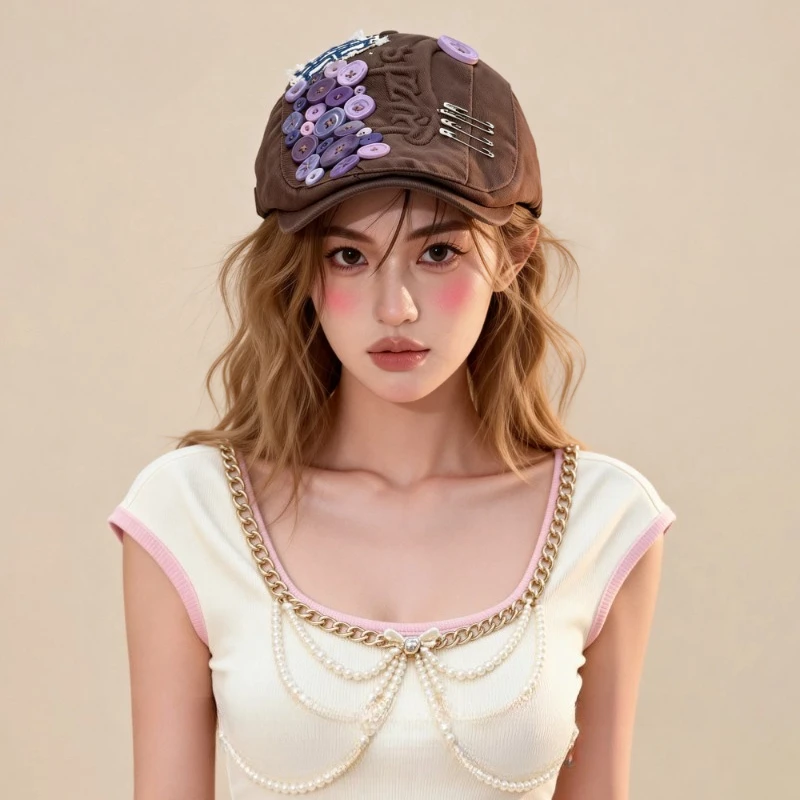 Retro Personalisierte Denim-Baskenmütze mit Stern-Design und Aufnähknöpfen für Damen, Y2K Frühling Herbst Lässige Vielseitige Achteckige Mütze – Detail 2