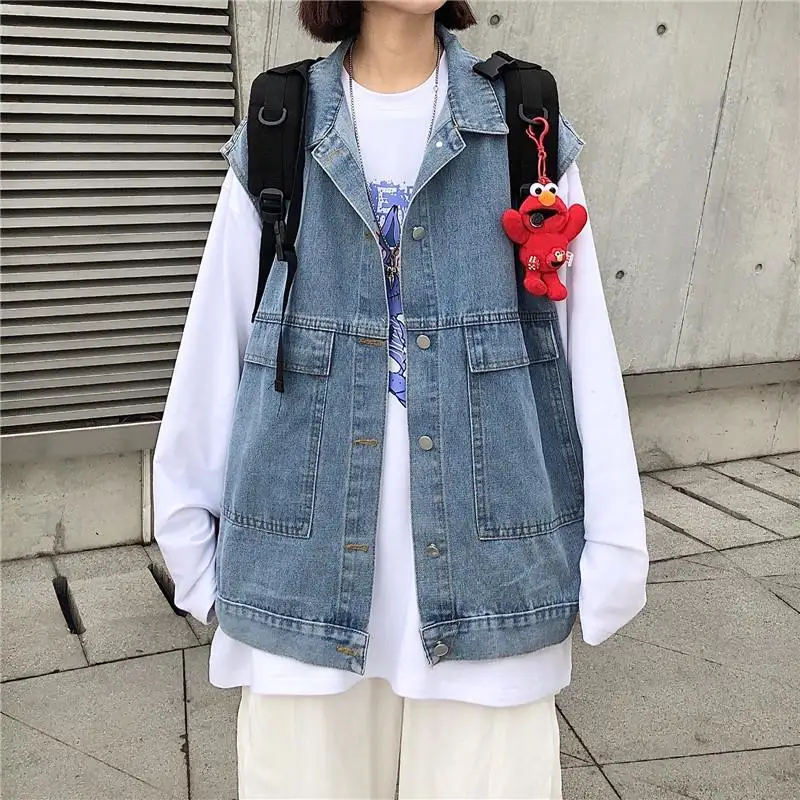 

Spring Summer New Denim Vest Women's Short Korean Version Loose And Versatile Large Pocket Sleeveless Vest Jacket Waistcoat Q250