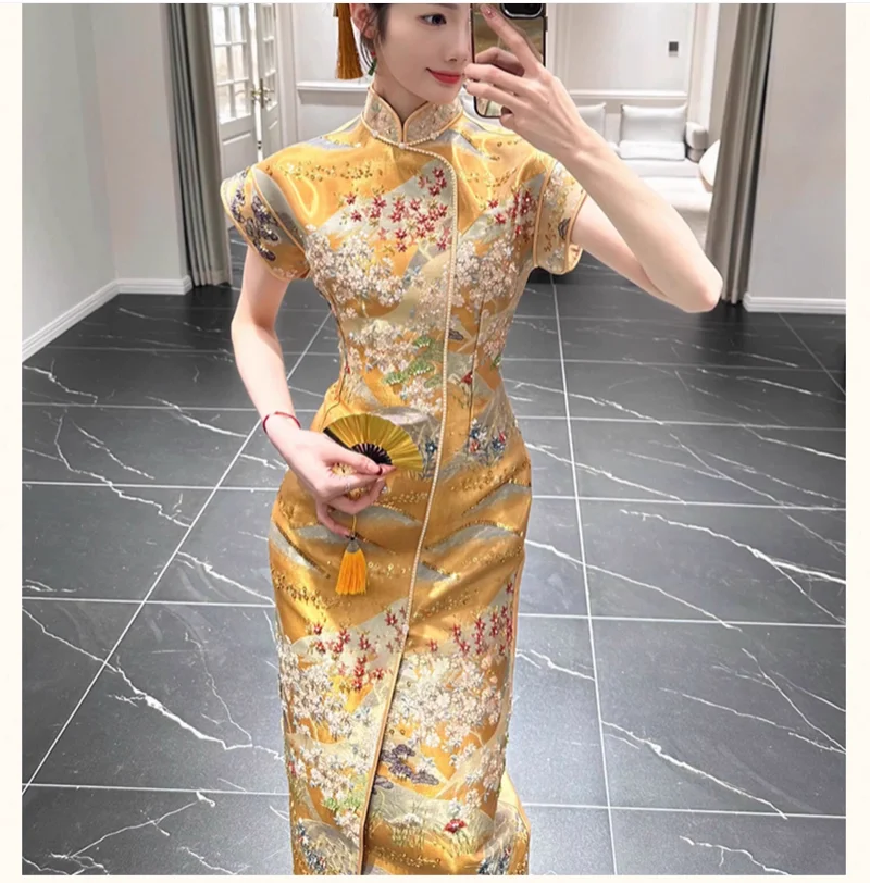 

Summer retro high-end exquisite waist slimming gold improved cheongsam dress