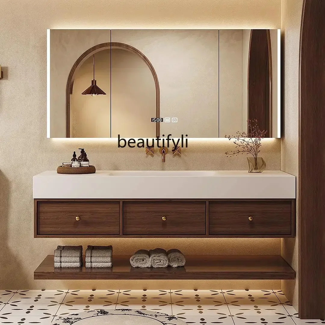 

Washbasin cabinet combination Ymerican solid wood rock slab seamless ceramic integrated basin, washbasin