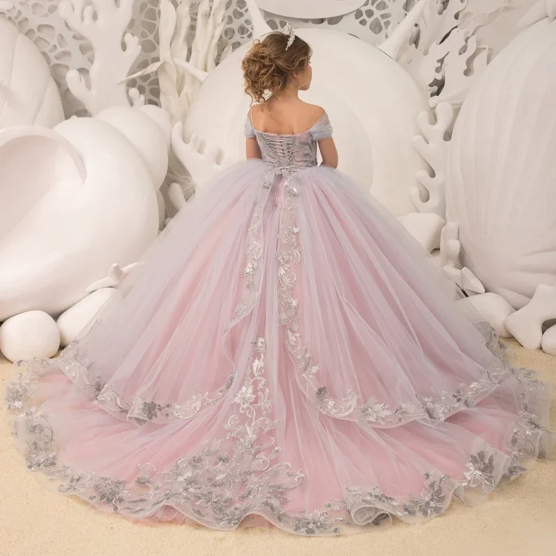 Birthday Banquet Princess Gowns Flower Girl Dresses Light Purple Tulle Puffy With Patterned Appliques Sleeveless For Wedding