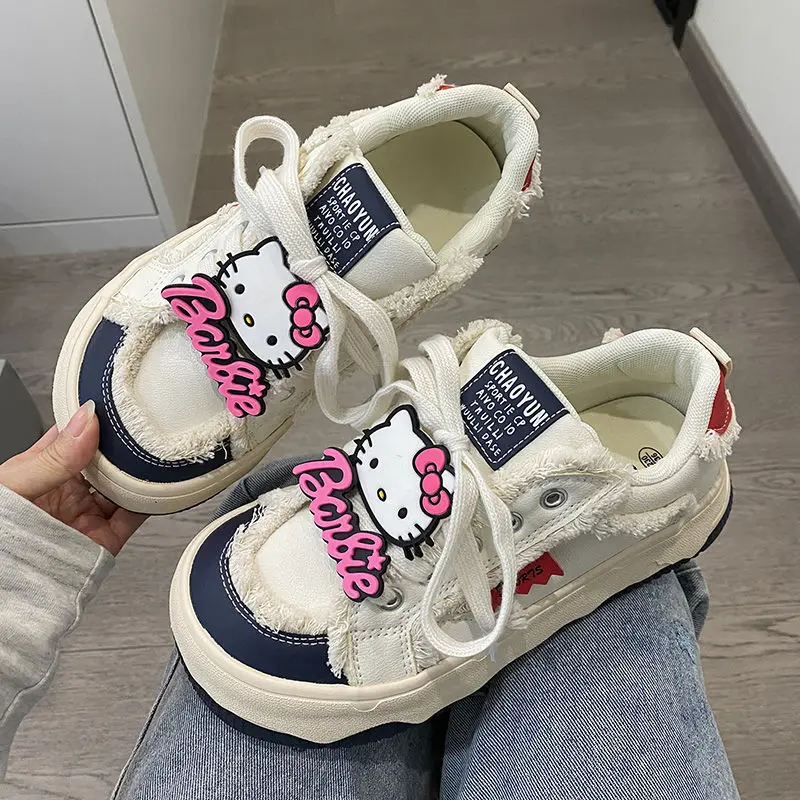 Sanrio HelloKitty Women Platform Sneakers Cartoon Lace Up Flat Outdoor Comfortable Running Sports Shoes Tennis Jogging Sneakers