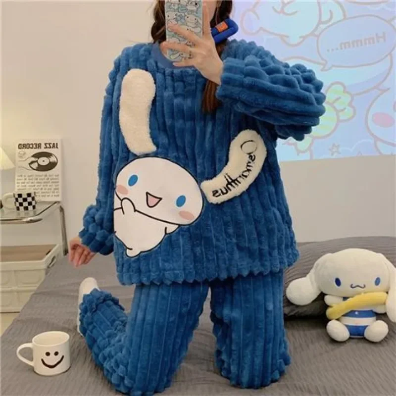 Sanrio Cinnamoroll Pompom Purin Kuromi Pochacco cute plush pajamas for women winter thickened coral velvet student home clothes