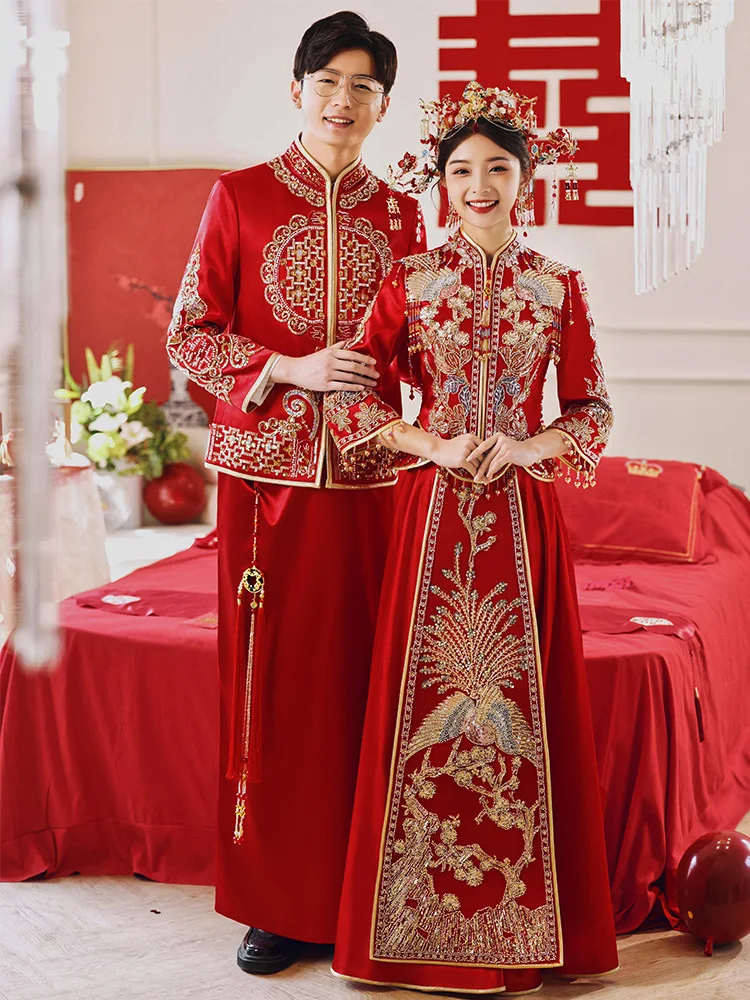 Lovers Wedding Dress Sparkly Sequins Dragon Phoenix Embroidery Cheongsam Chinese Style Beaded Tassel Qipao китайская одежда