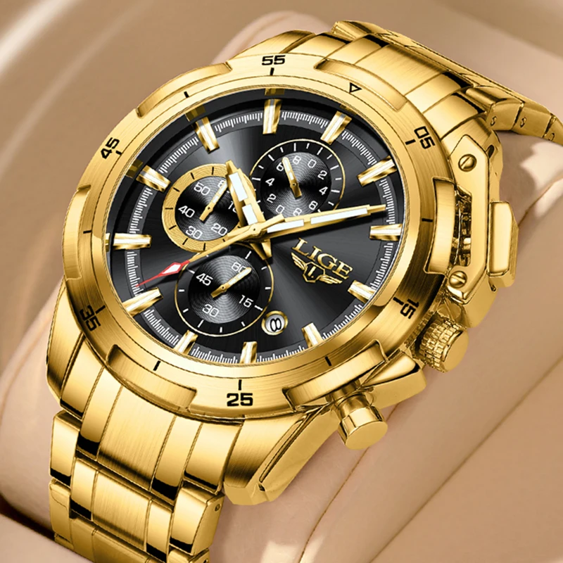 

LIGE Fashion Gold Watch Men Casual Business Men Quartz Wristwatches Top Brand Luxury Chronograph Waterproof Watch Montre Homme