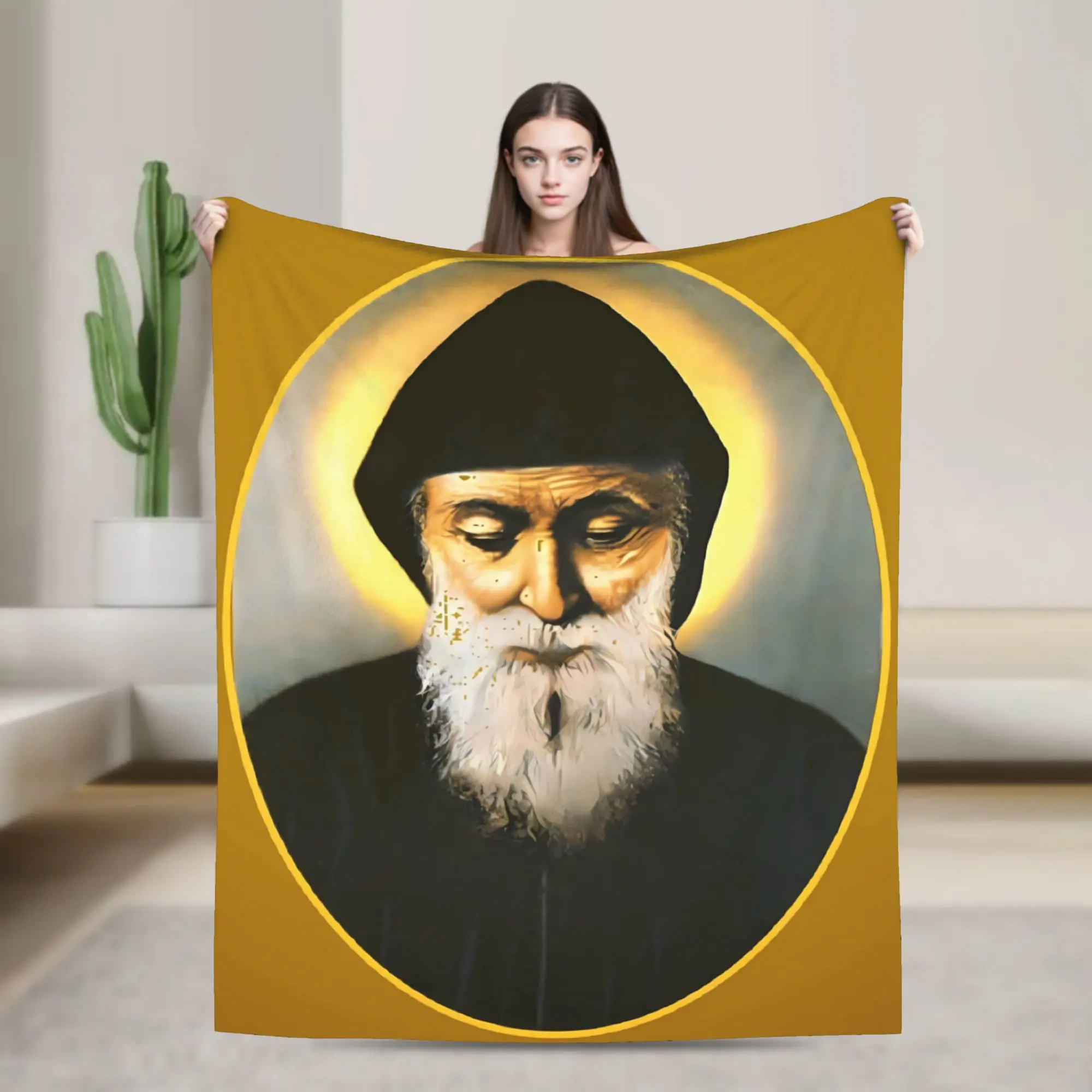 Gracious Saint Charbel Blessing Portrait Warm Blanket  Travel Office Plush Throw Blanket Couch Chair Flannel Bedspread Sofa Bed