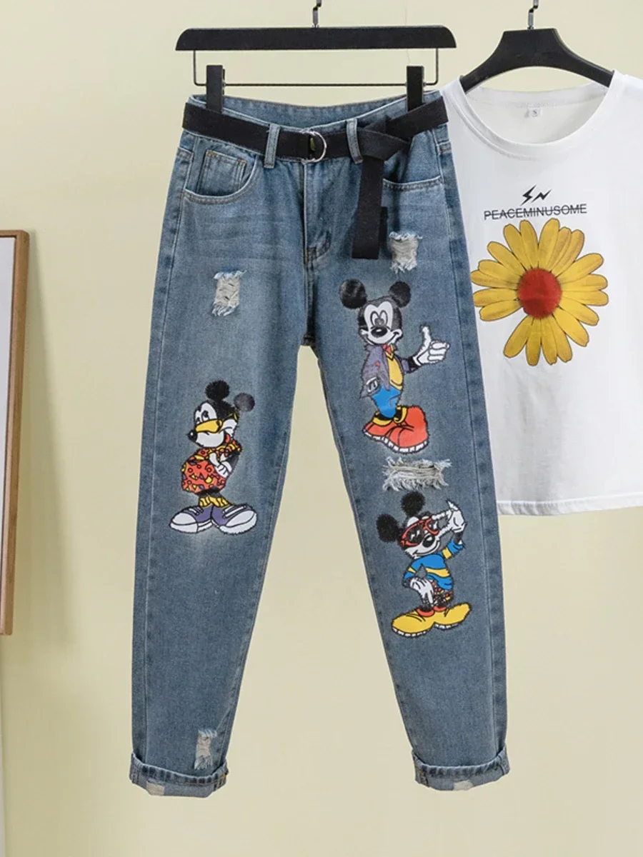 Dos desenhos animados impresso jeans para o sexo feminino 2022 primavera e no outono novo rasgado cintura alta solto cortado harem calças jeans azuis para mulher